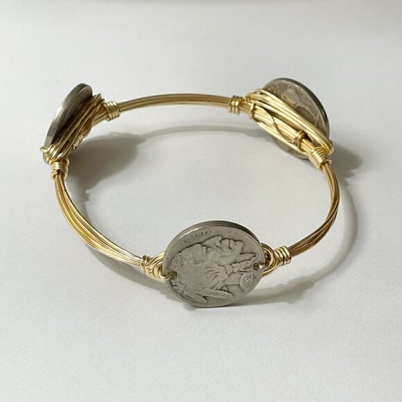 Vintage Indian Head Buffalo Three Nickels Currency Gold Wire Bangle Bracelet - Picture 2 of 6